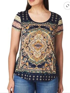 Lucky Brand Navy Multicolor Medallion Short Sleeve Tee